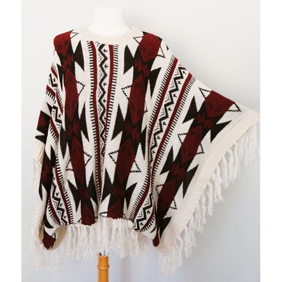 NEW Tribal Aztec BOHO Knit Fringe Sweater Poncho - Picture 2 of 10